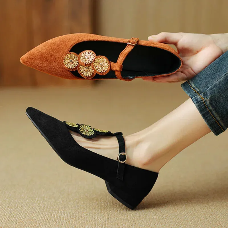 Fiona Applique T-Strap Suede Flats