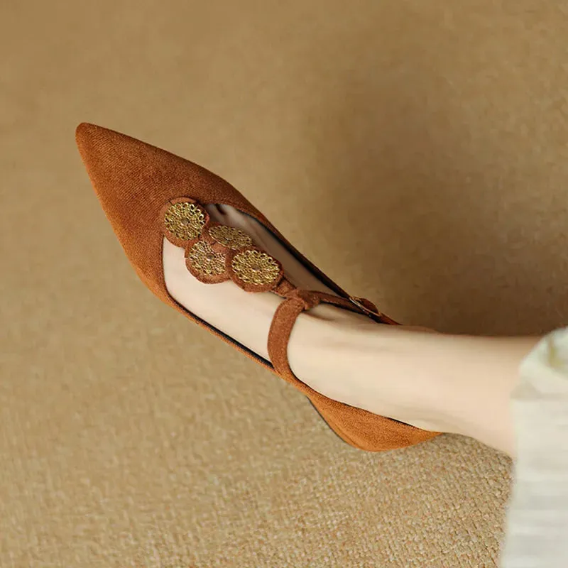 Fiona Applique T-Strap Suede Flats