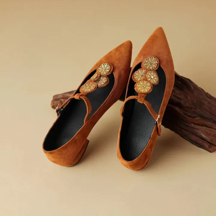 Fiona Applique T-Strap Suede Flats