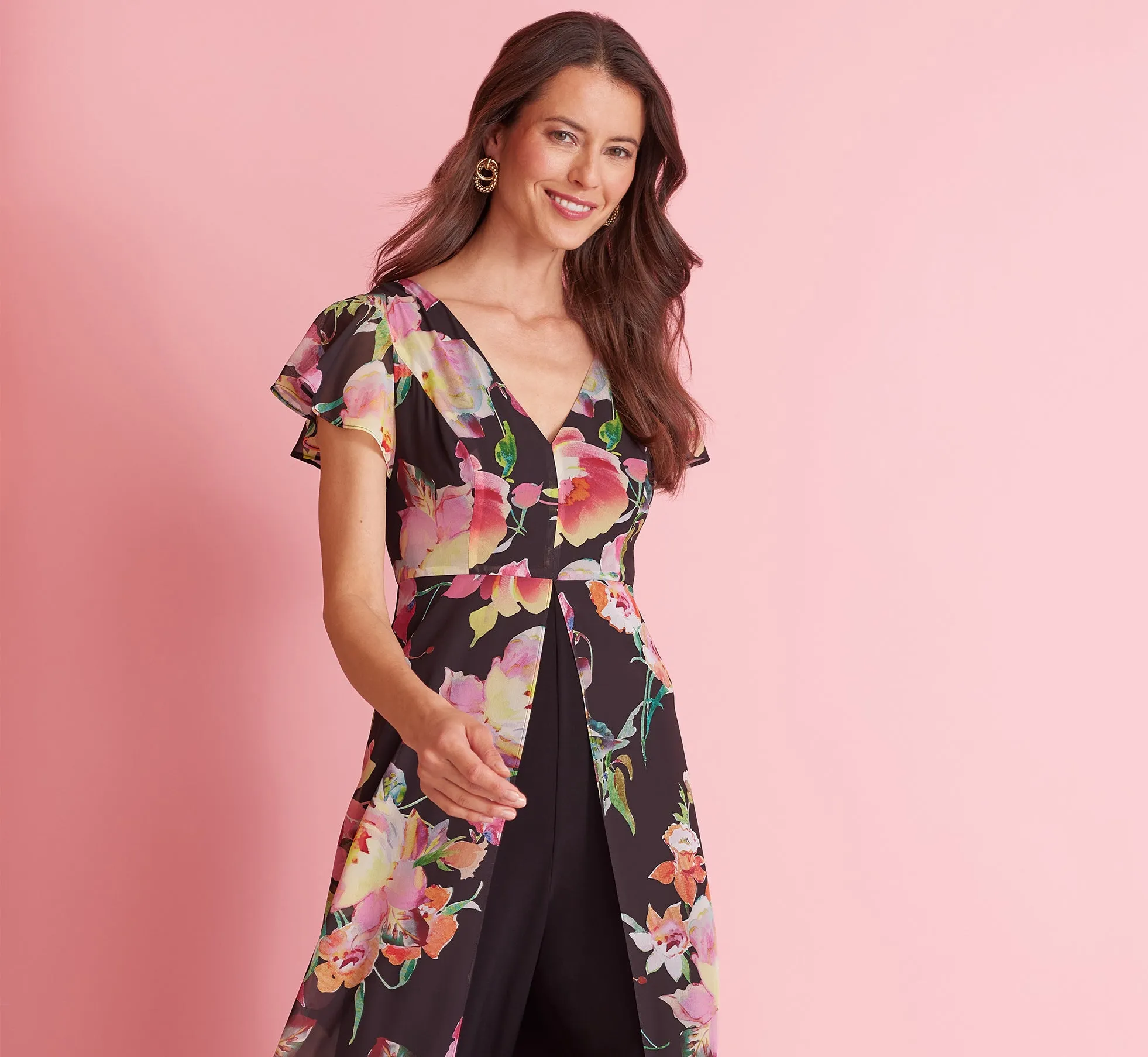 Floral Print Cropped Jumpsuit With Skirt Overlay In Black Multi