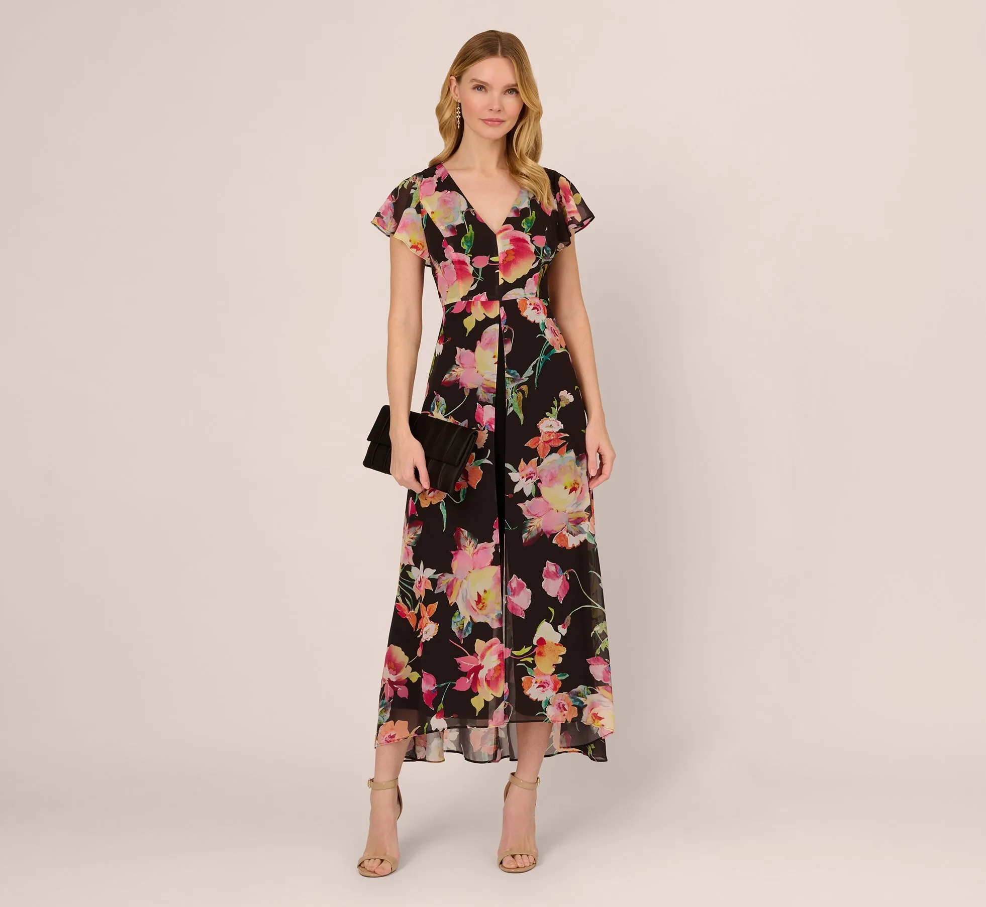 Floral Print Cropped Jumpsuit With Skirt Overlay In Black Multi