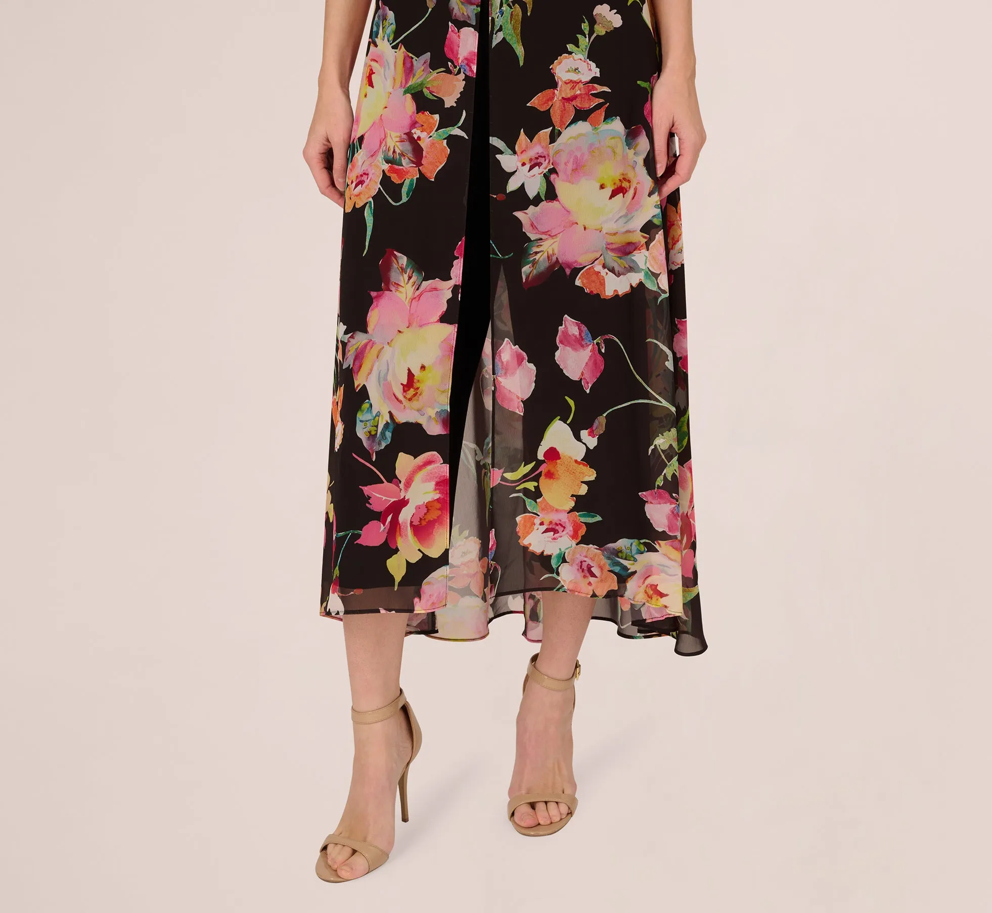 Floral Print Cropped Jumpsuit With Skirt Overlay In Black Multi