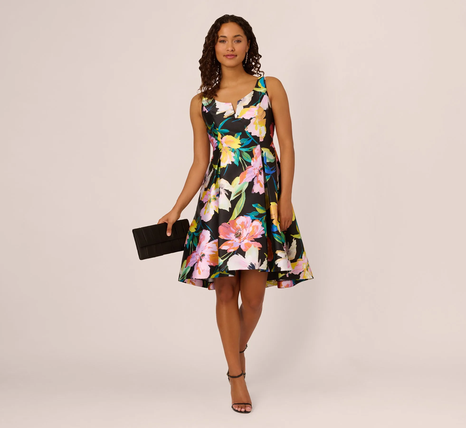 Floral Print Mikado Sleeveless Dress With High Low Skirt In Black Multi