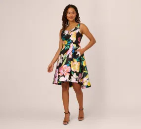 Floral Print Mikado Sleeveless Dress With High Low Skirt In Black Multi