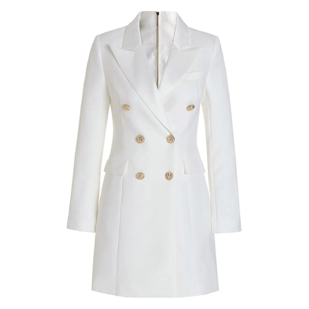 Flytonn- Trendy Long Sleeve Double Breasted Lapel Blazer Mini Dress - White