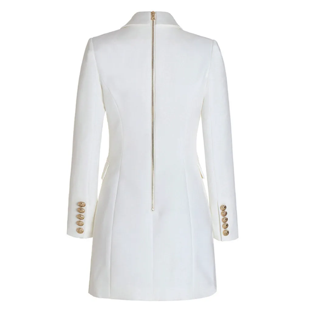 Flytonn- Trendy Long Sleeve Double Breasted Lapel Blazer Mini Dress - White