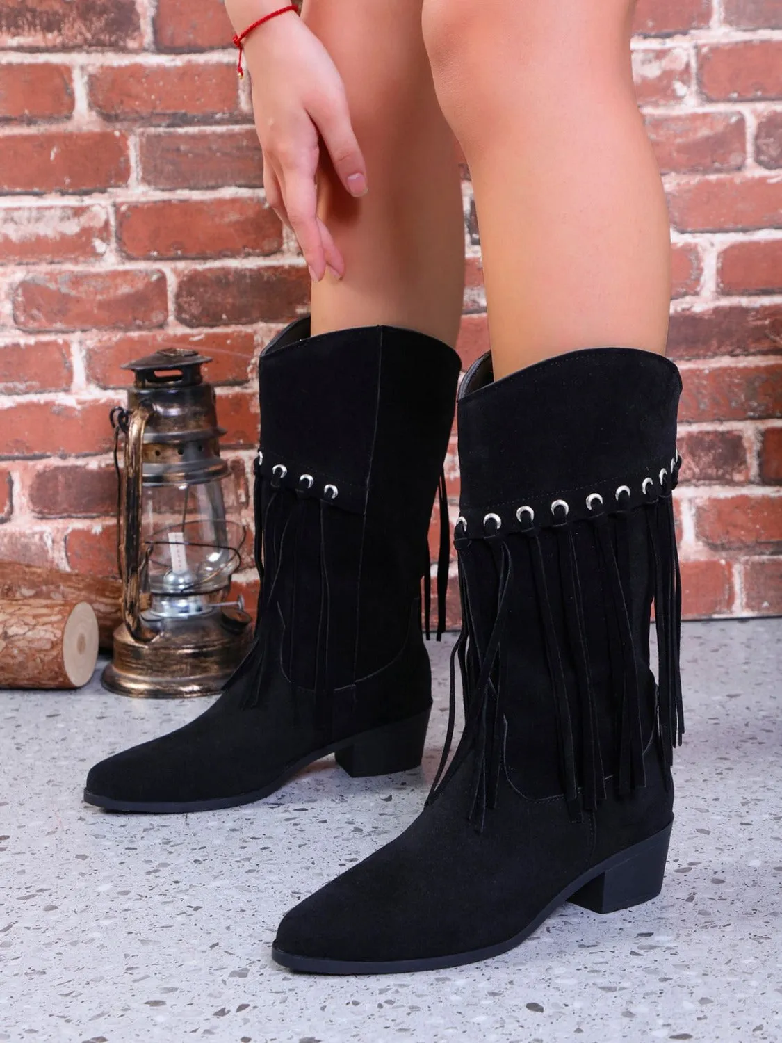 Fringe Suede Point Toe Block Heel Boots