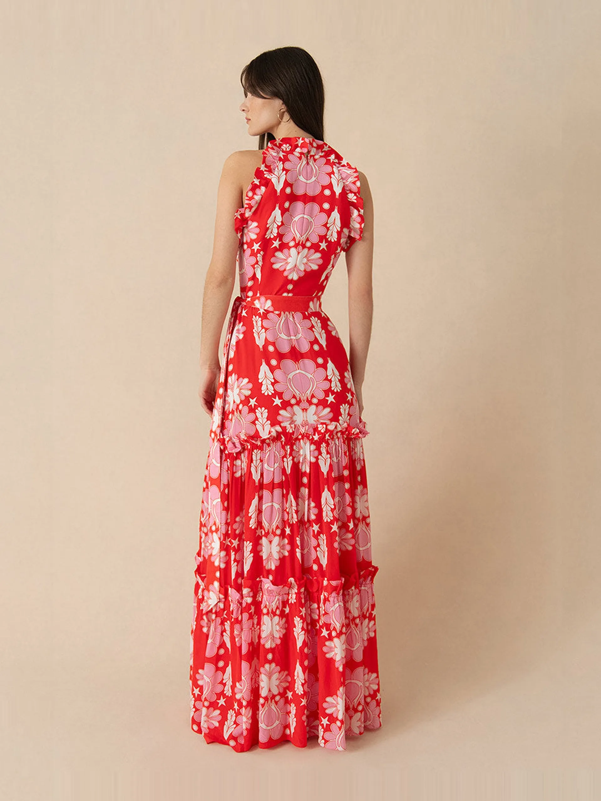 Geo flower red Tatiana crepe maxi dress