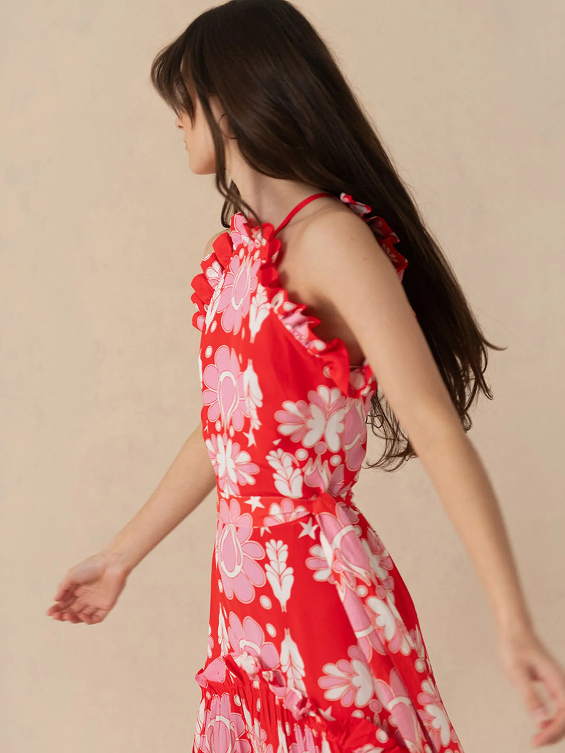 Geo flower red Tatiana crepe maxi dress