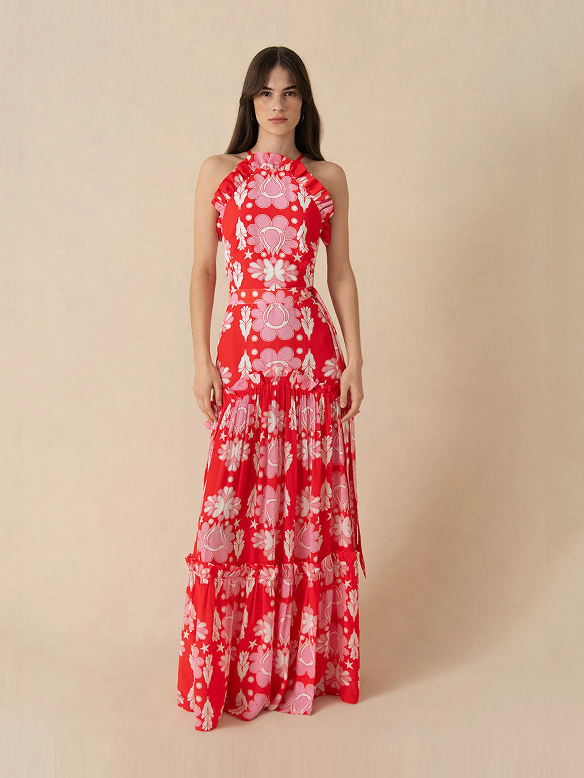 Geo flower red Tatiana crepe maxi dress