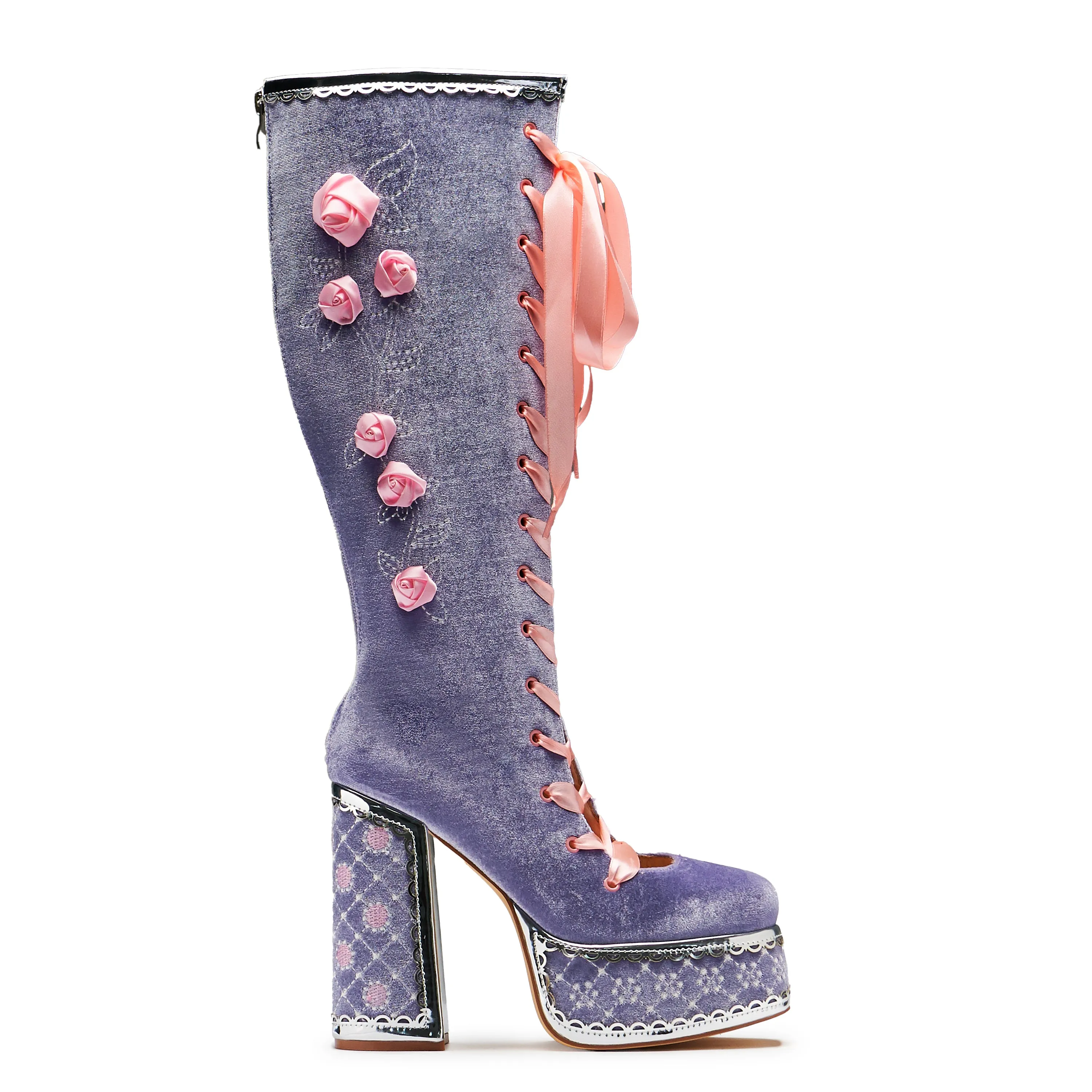 Guiltless Ghost Lace Up Platform Long Boots - Lilac