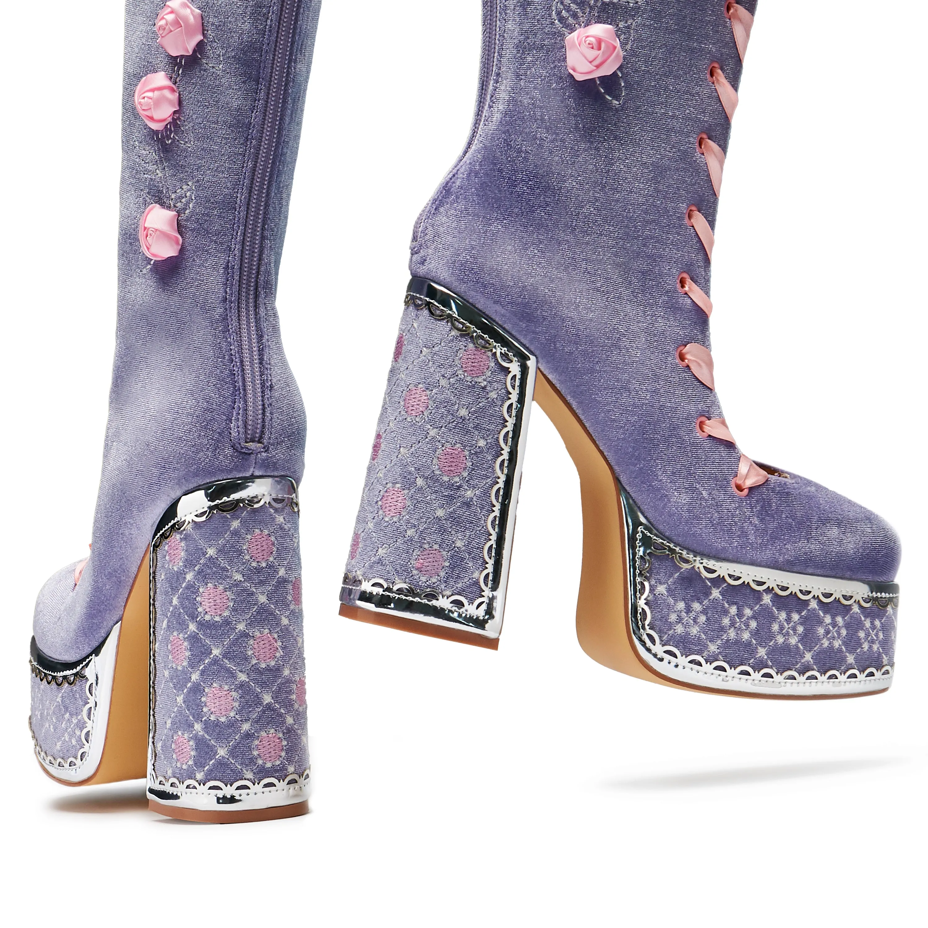 Guiltless Ghost Lace Up Platform Long Boots - Lilac