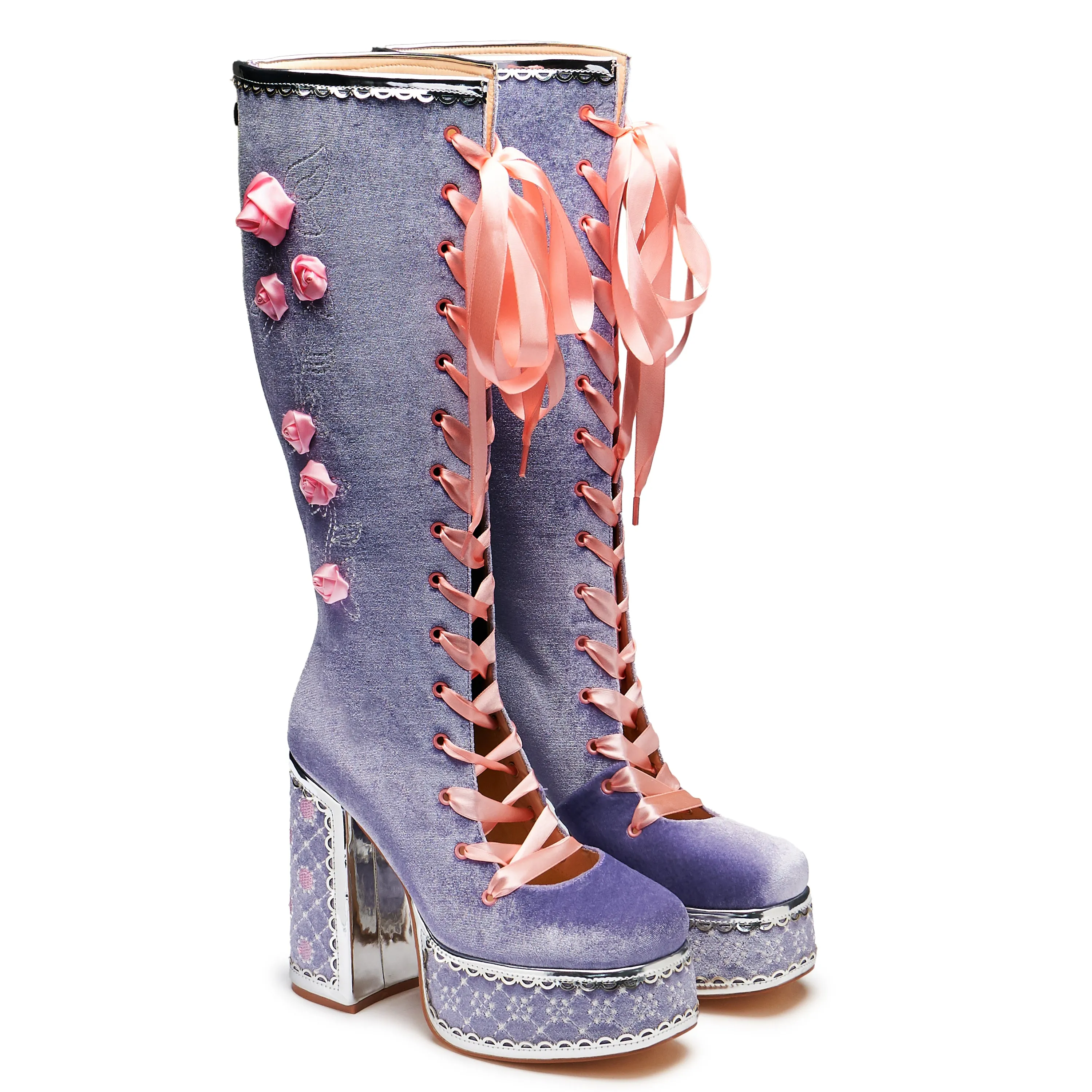 Guiltless Ghost Lace Up Platform Long Boots - Lilac