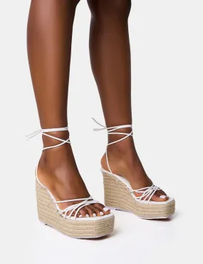 Heated White Strappy Lace Up Jute Wedges