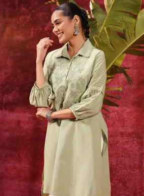 Kyla Basil Green Embroidered Cotton Linen Tunic for Women