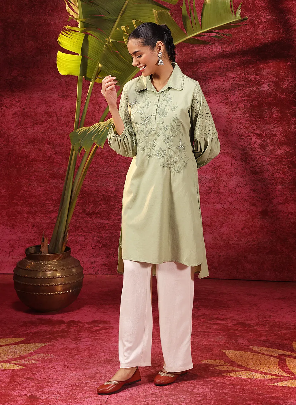 Kyla Basil Green Embroidered Cotton Linen Tunic for Women