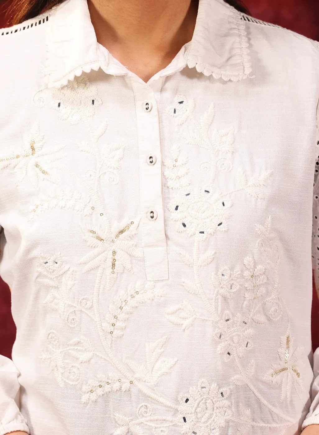 Kyla Basil Ivory Embroidered Cotton Linen Tunic for Women