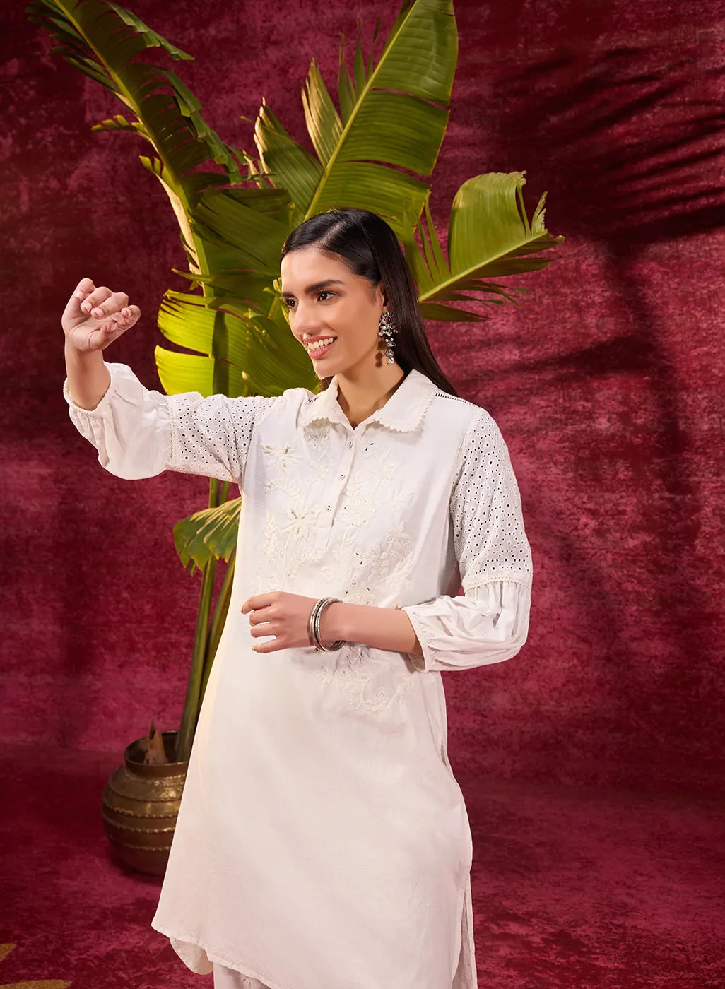 Kyla Basil Ivory Embroidered Cotton Linen Tunic for Women