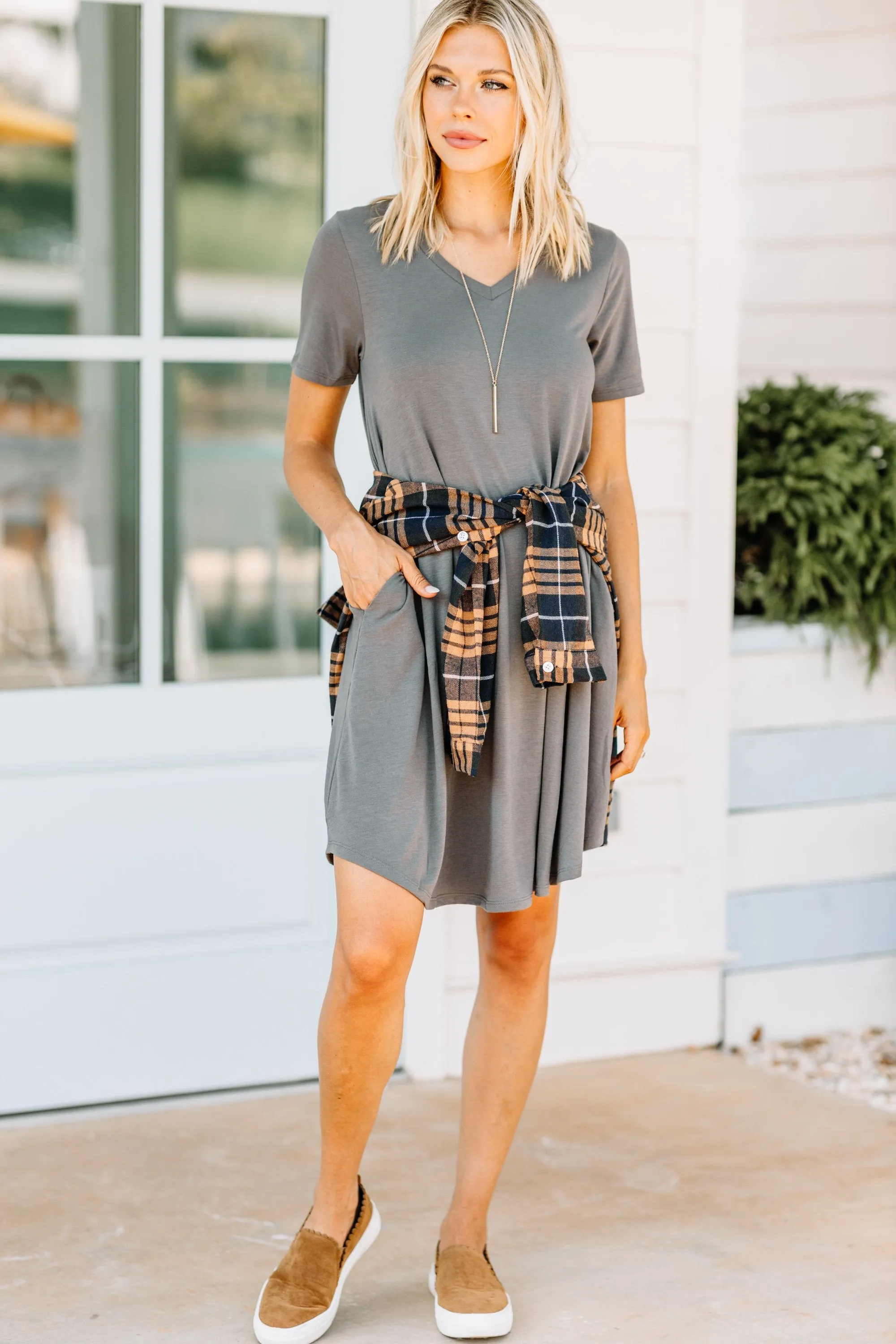 Lean On Me Mid Gray T-shirt Dress