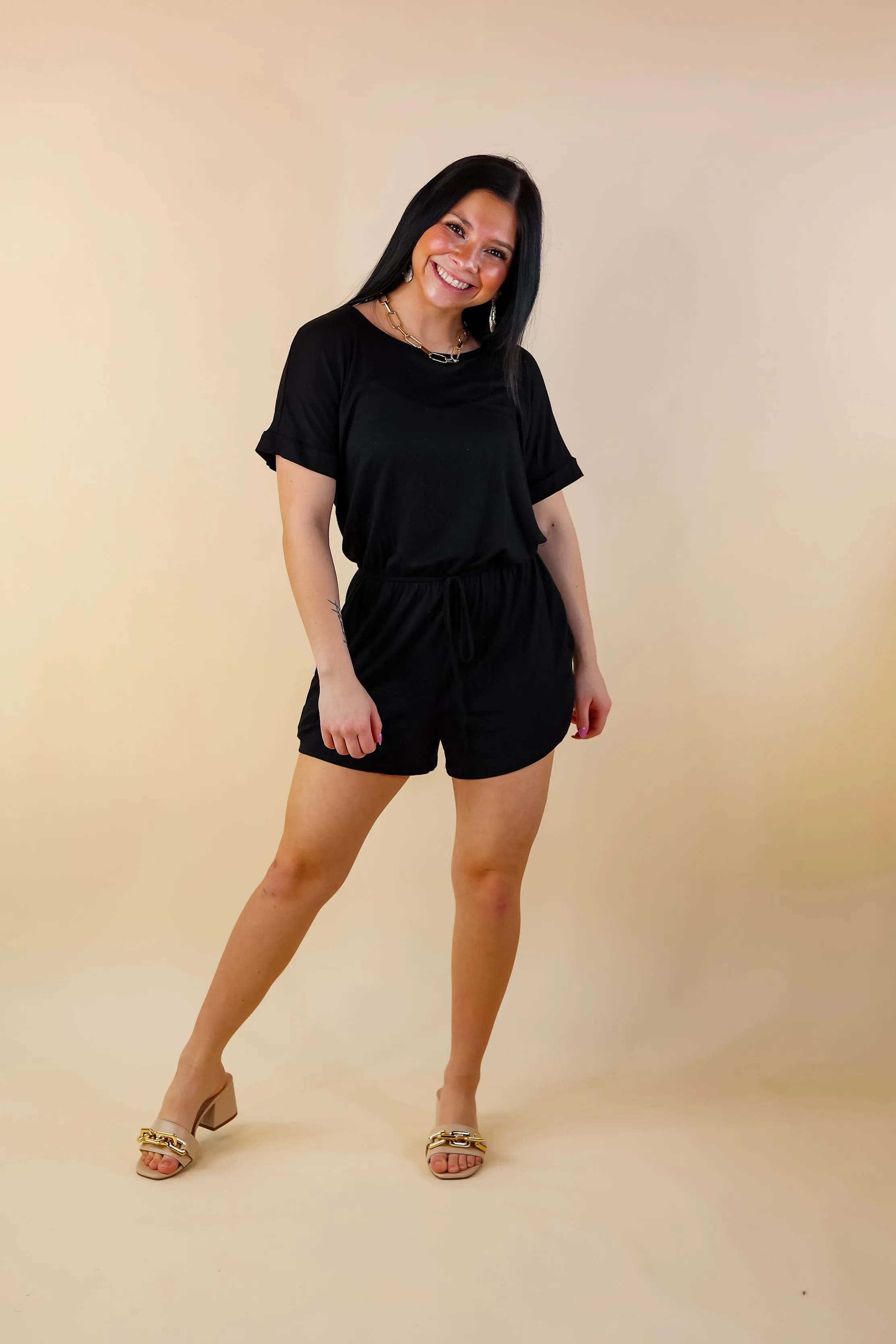 Let Me Loose Short Sleeve Drawstring Waist Tee Shirt Romper in Black