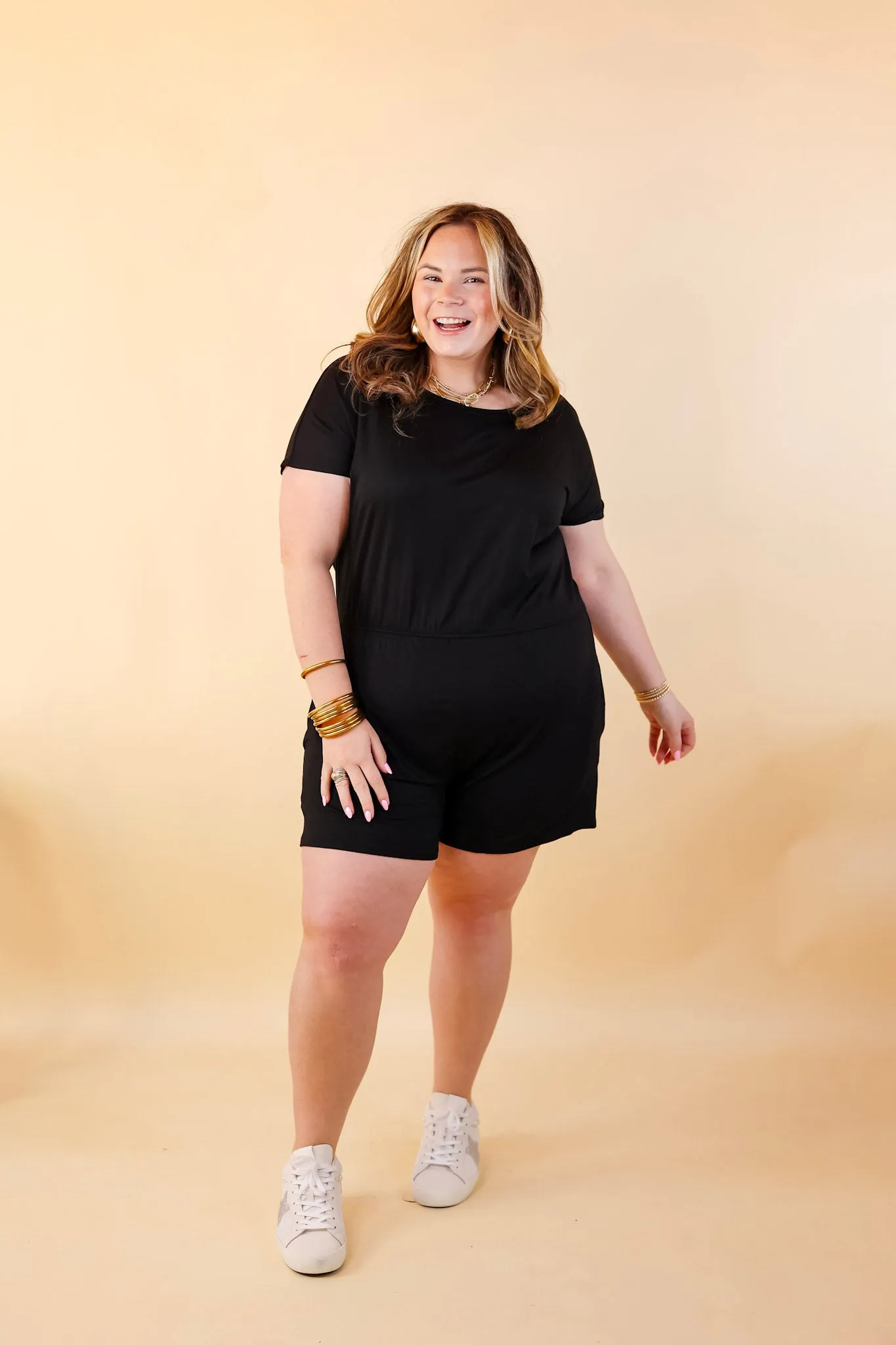 Let Me Loose Short Sleeve Tee Shirt Romper in Black