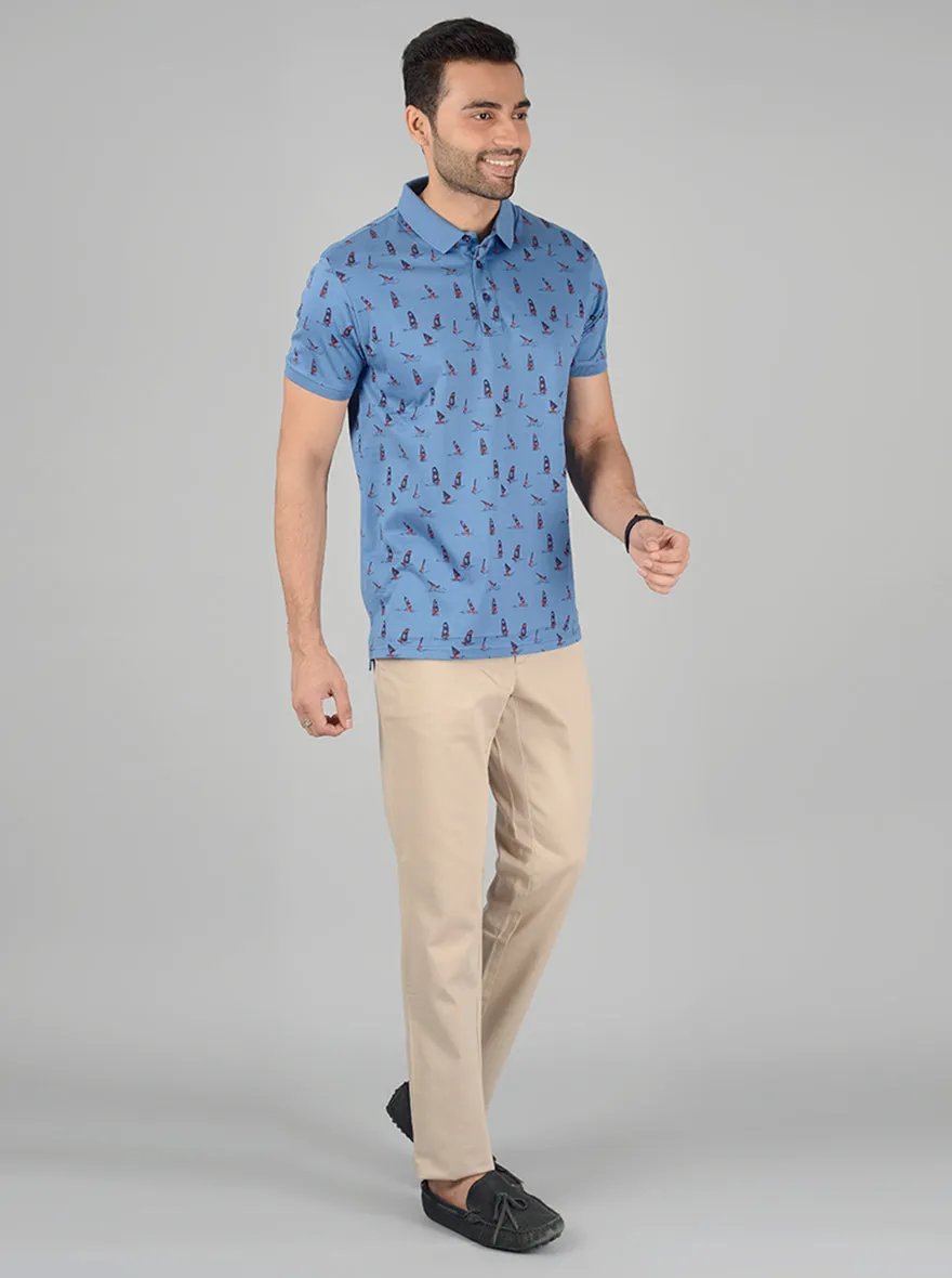 Light Blue Printed Slim Fit Polo T-Shirt | JadeBlue