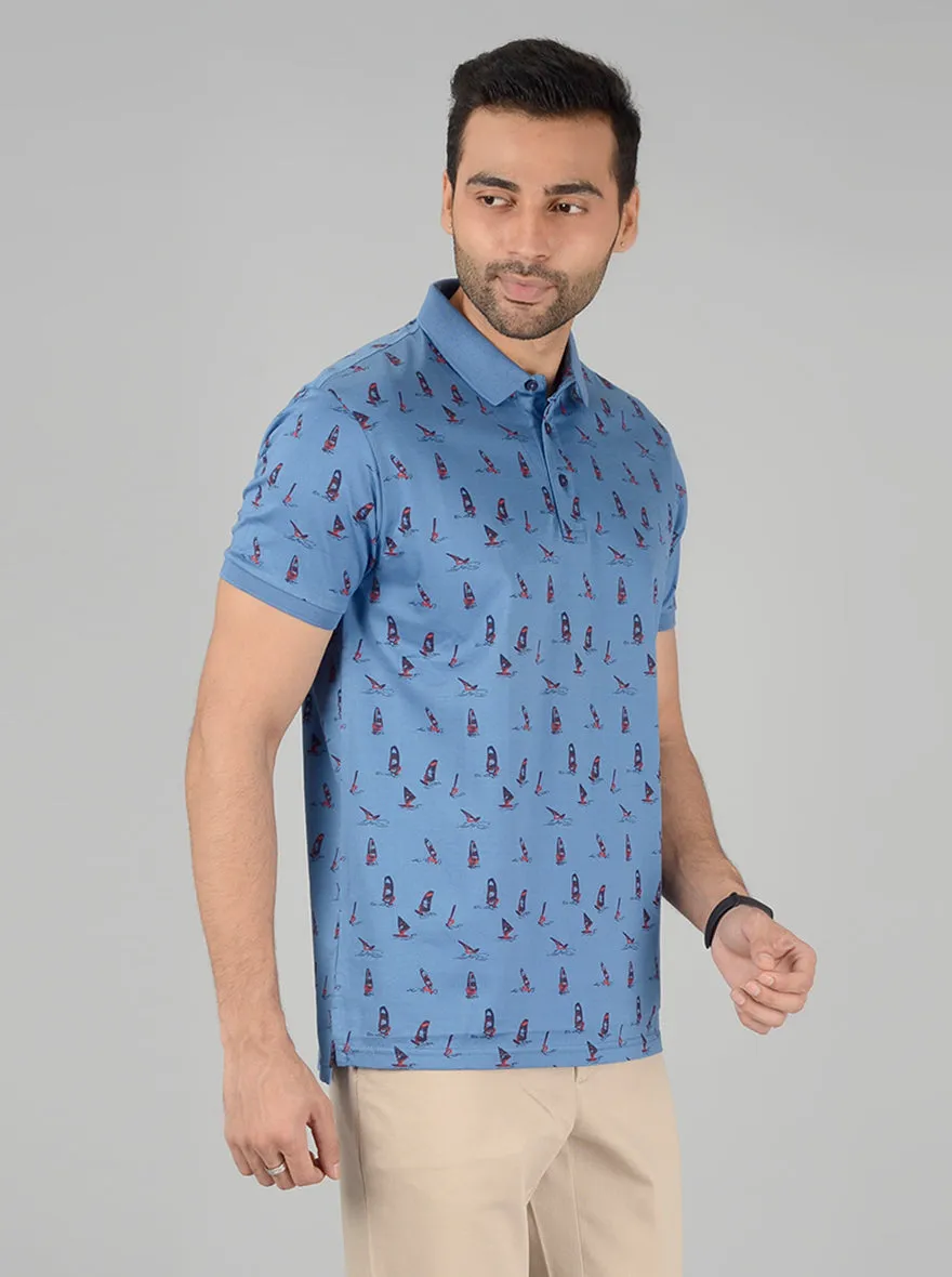 Light Blue Printed Slim Fit Polo T-Shirt | JadeBlue