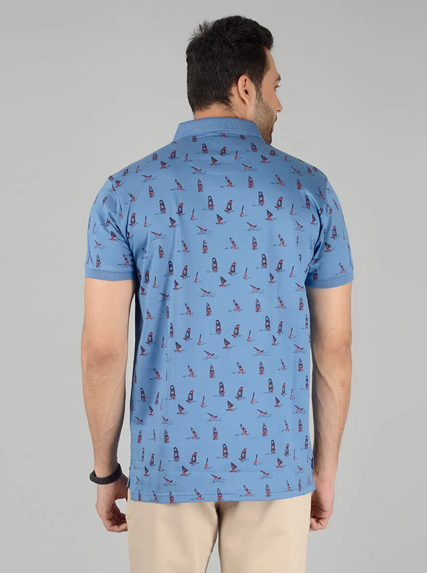 Light Blue Printed Slim Fit Polo T-Shirt | JadeBlue