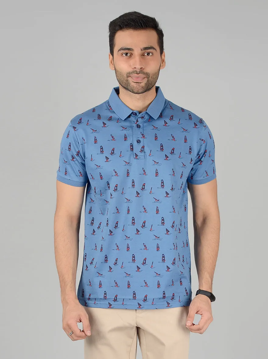 Light Blue Printed Slim Fit Polo T-Shirt | JadeBlue