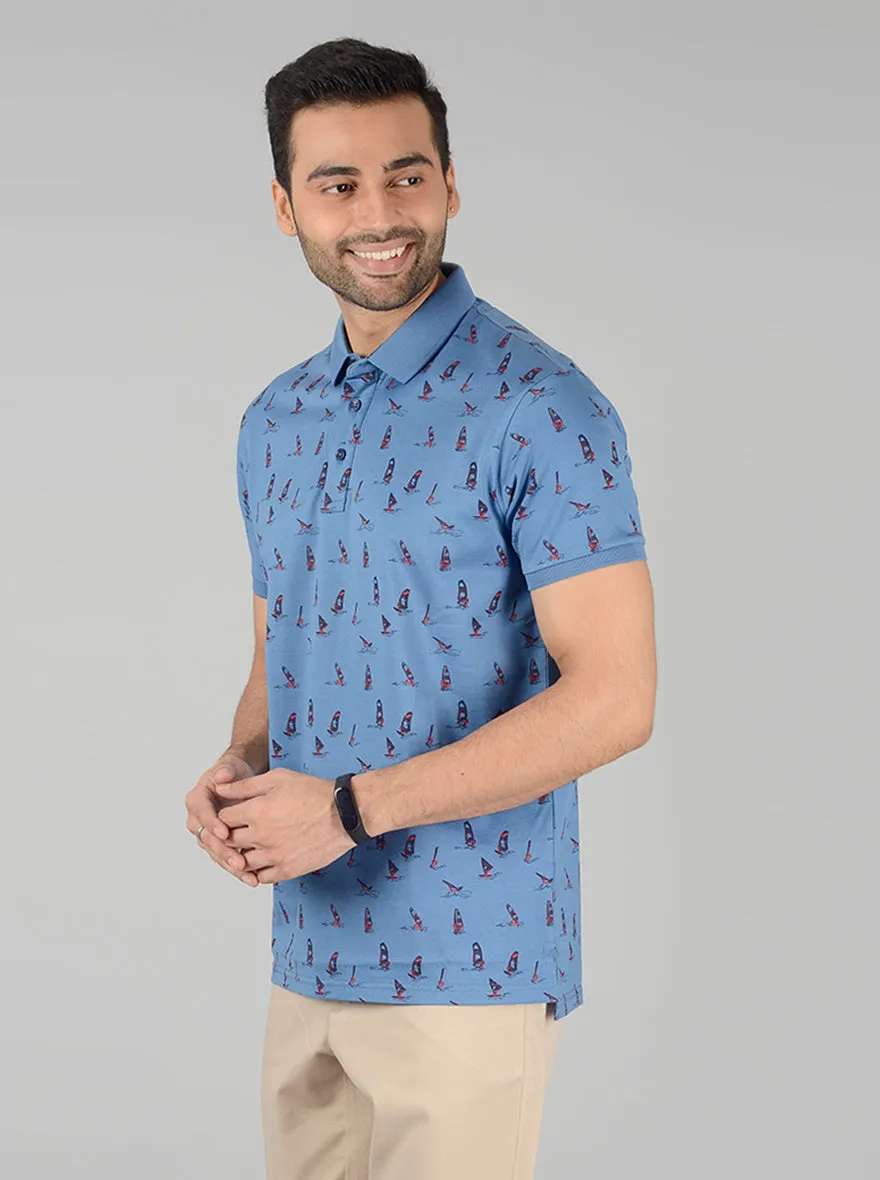 Light Blue Printed Slim Fit Polo T-Shirt | JadeBlue