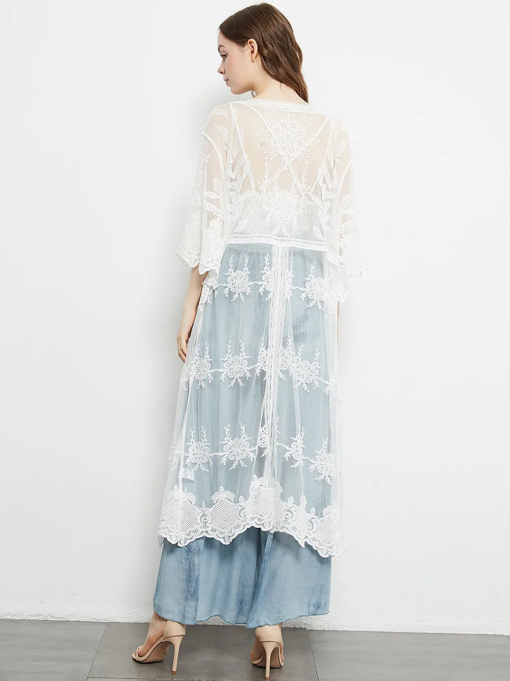 Long Floral Lace Embroidered Kimono