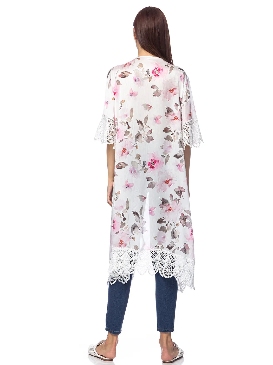 Long Floral Lace Embroidered Kimono