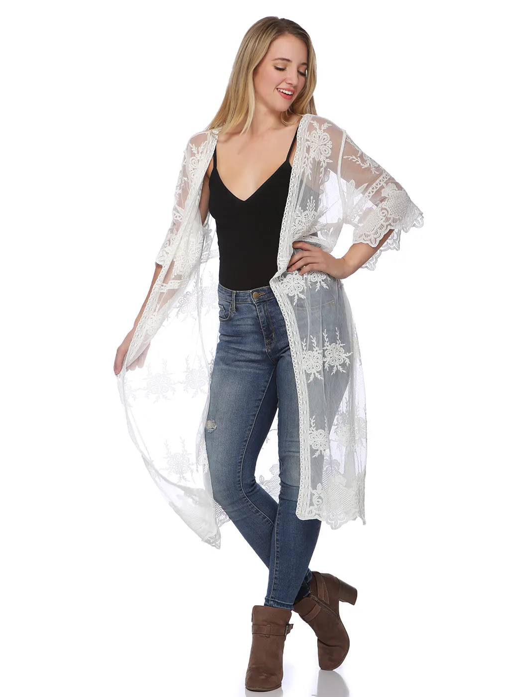 Long Floral Lace Embroidered Kimono