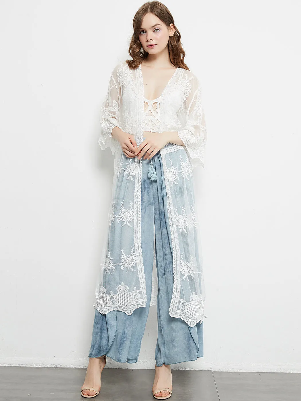 Long Floral Lace Embroidered Kimono