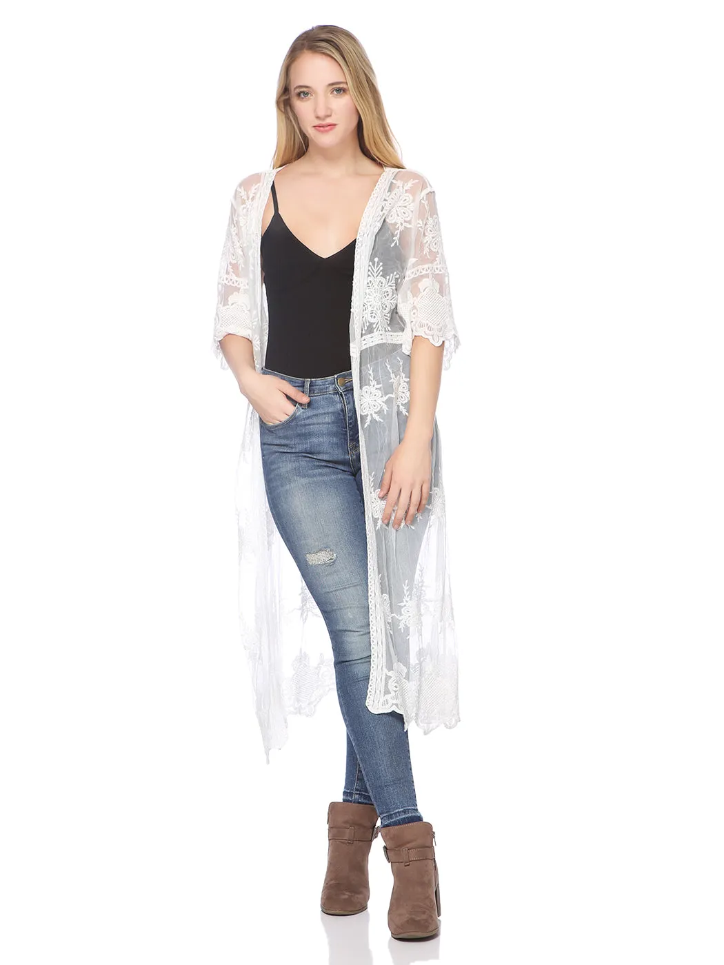 Long Floral Lace Embroidered Kimono