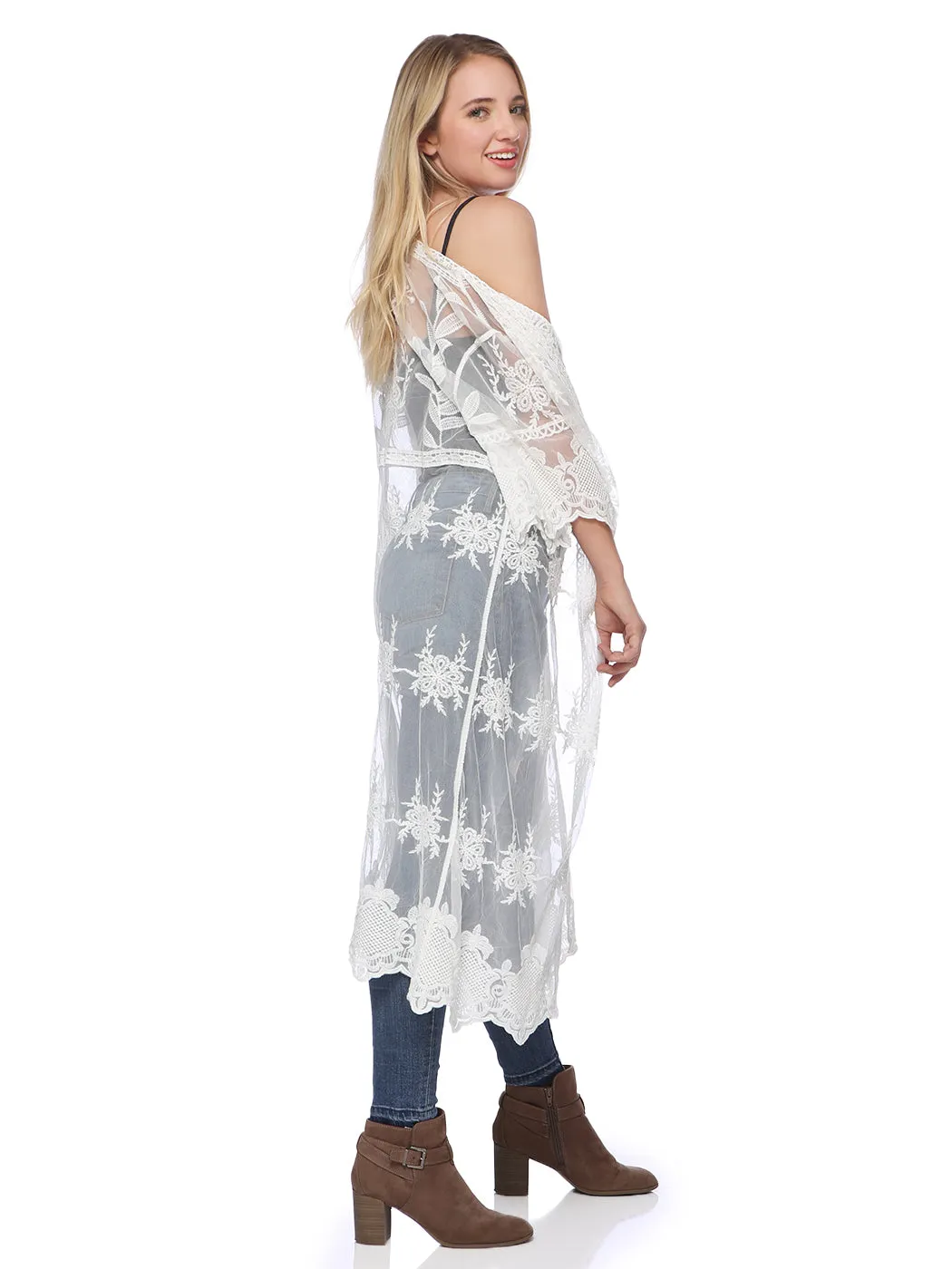 Long Floral Lace Embroidered Kimono