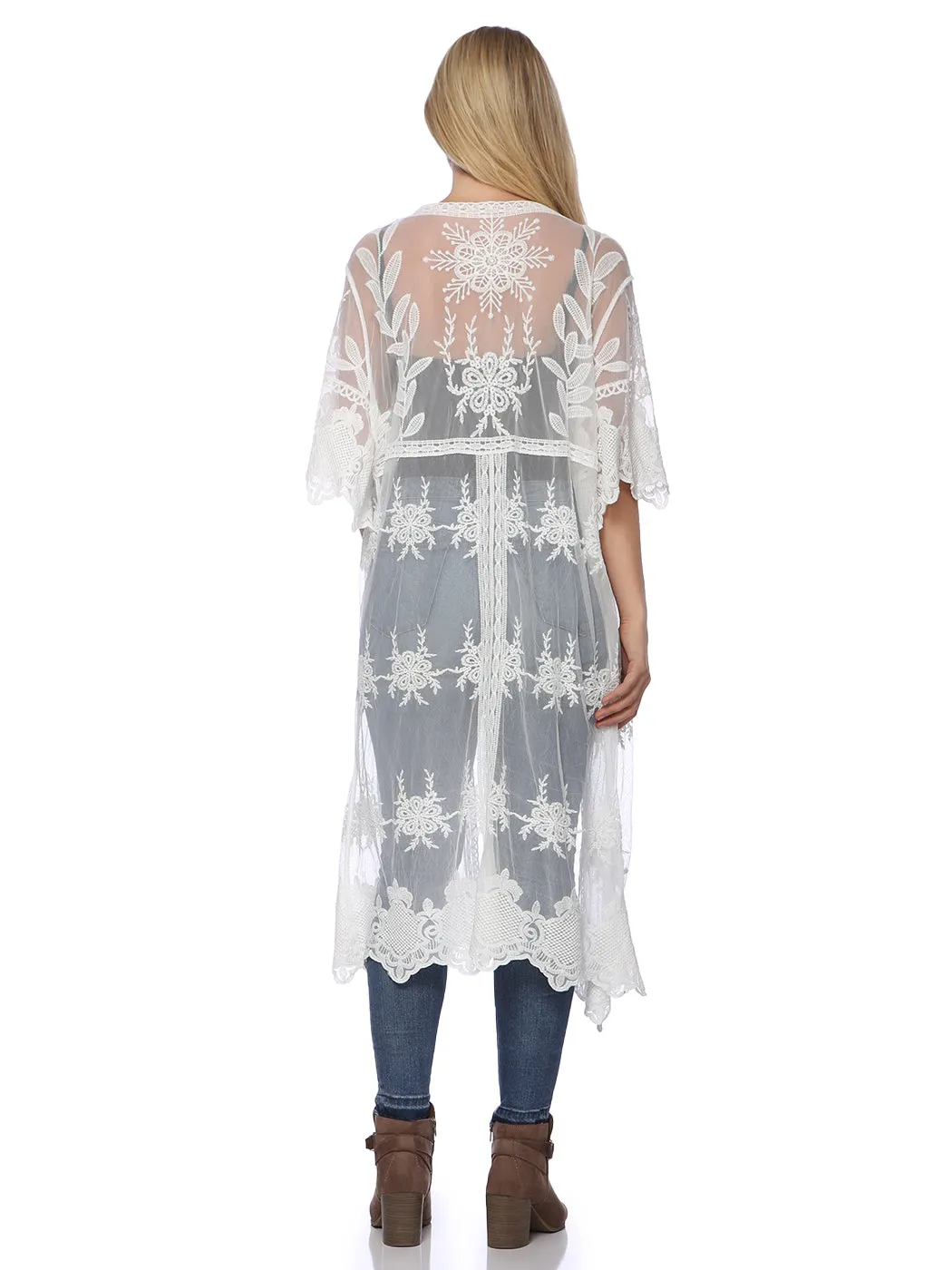 Long Floral Lace Embroidered Kimono