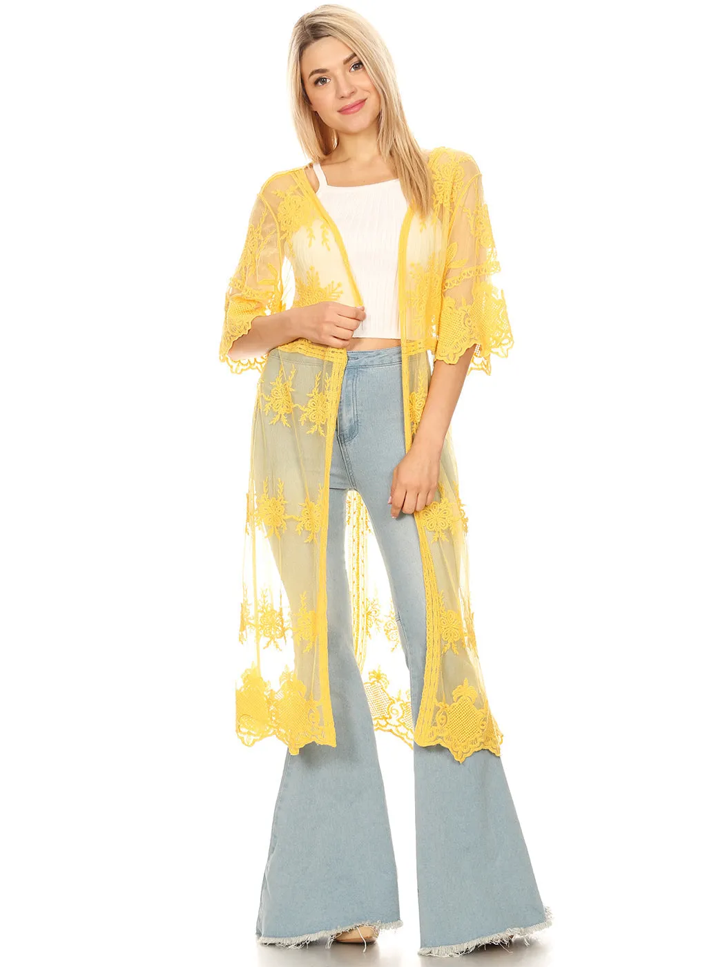 Long Floral Lace Embroidered Kimono