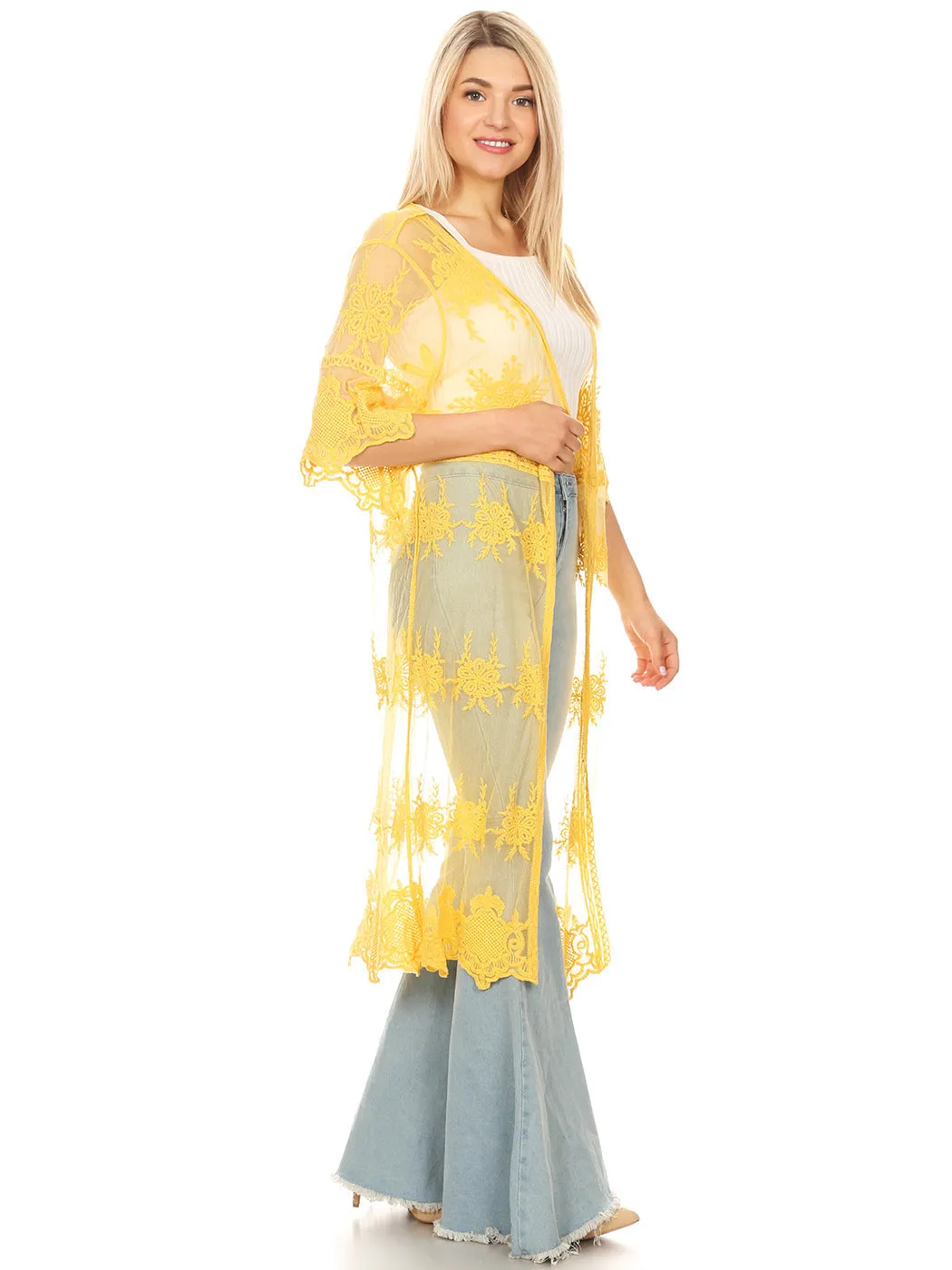 Long Floral Lace Embroidered Kimono