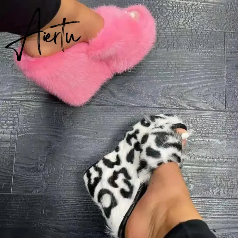 Luxury new women feminine high-heeled fur drag outdoor all-match shoes slippers round head wedges with mink fur ms slippers