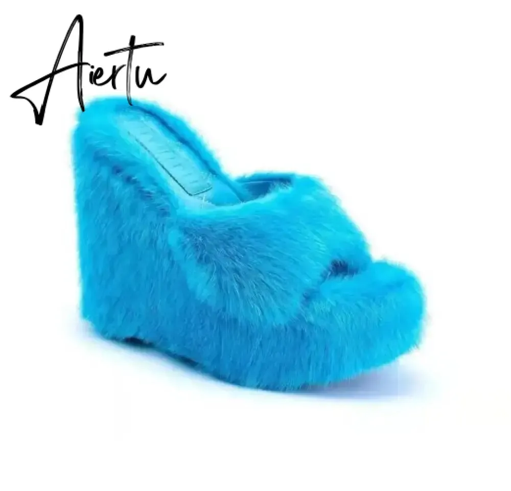 Luxury new women feminine high-heeled fur drag outdoor all-match shoes slippers round head wedges with mink fur ms slippers