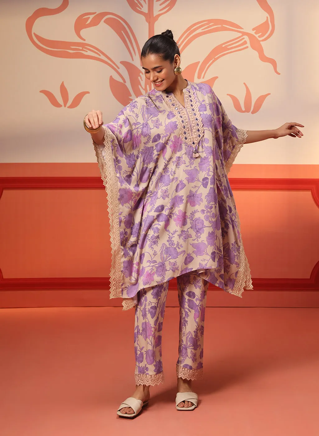 Mahin Mauve Printed Kaftan Kurta Set for Women