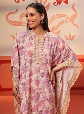 Mahin Salmon Pink Printed Kaftan Kurta Set for Women