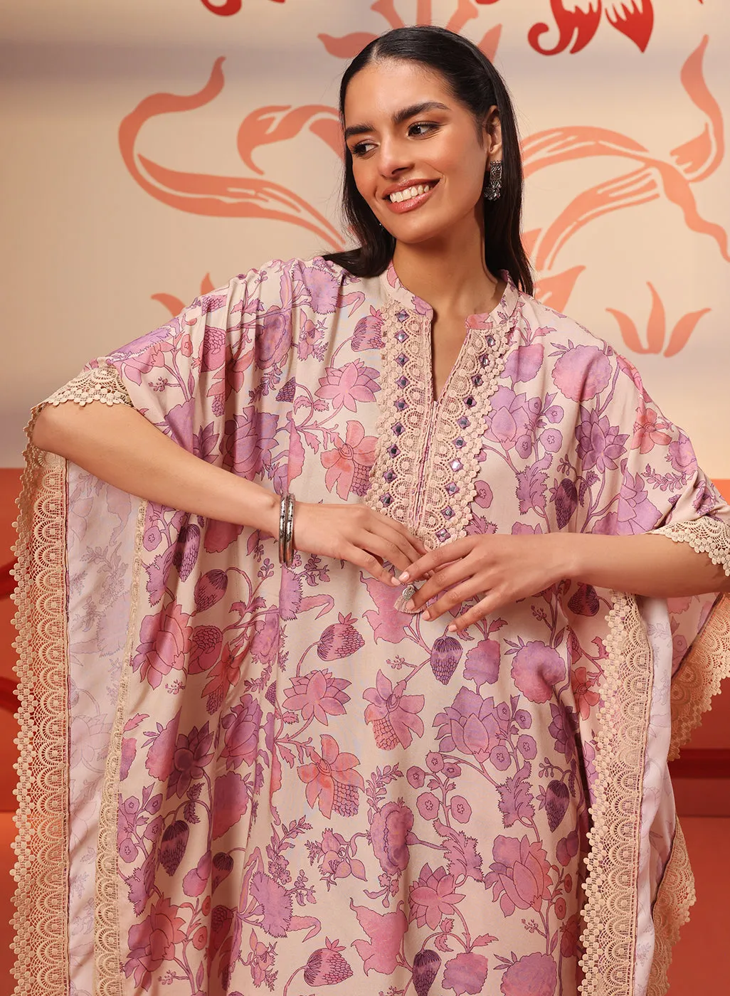 Mahin Salmon Pink Printed Kaftan Kurta Set for Women