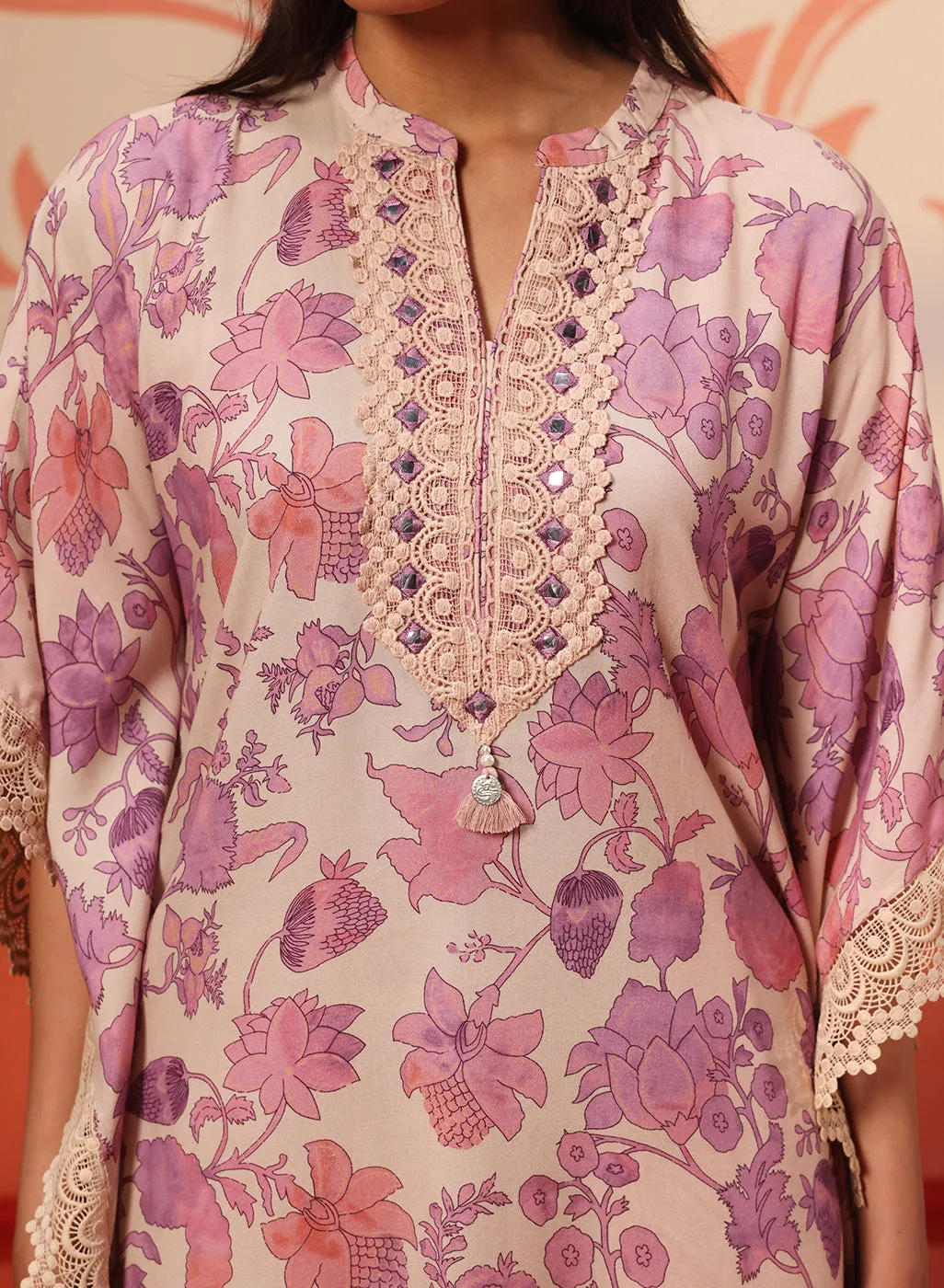 Mahin Salmon Pink Printed Kaftan Kurta Set for Women