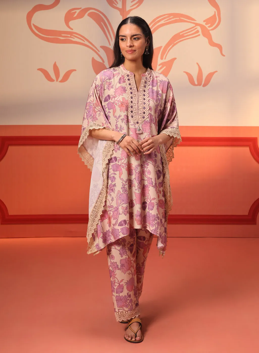 Mahin Salmon Pink Printed Kaftan Kurta Set for Women