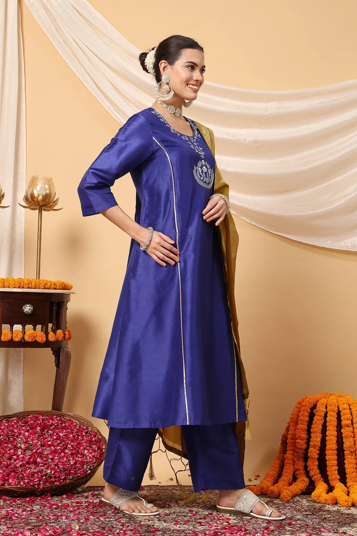 Majestic Blue Golden Splendor Maternity Feeding Kurta Set