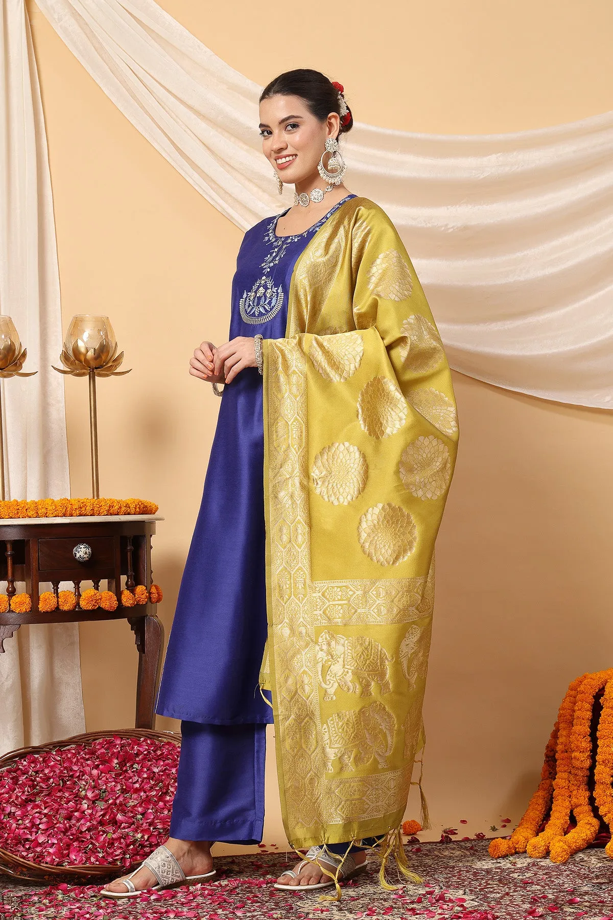 Majestic Blue Golden Splendor Maternity Feeding Kurta Set