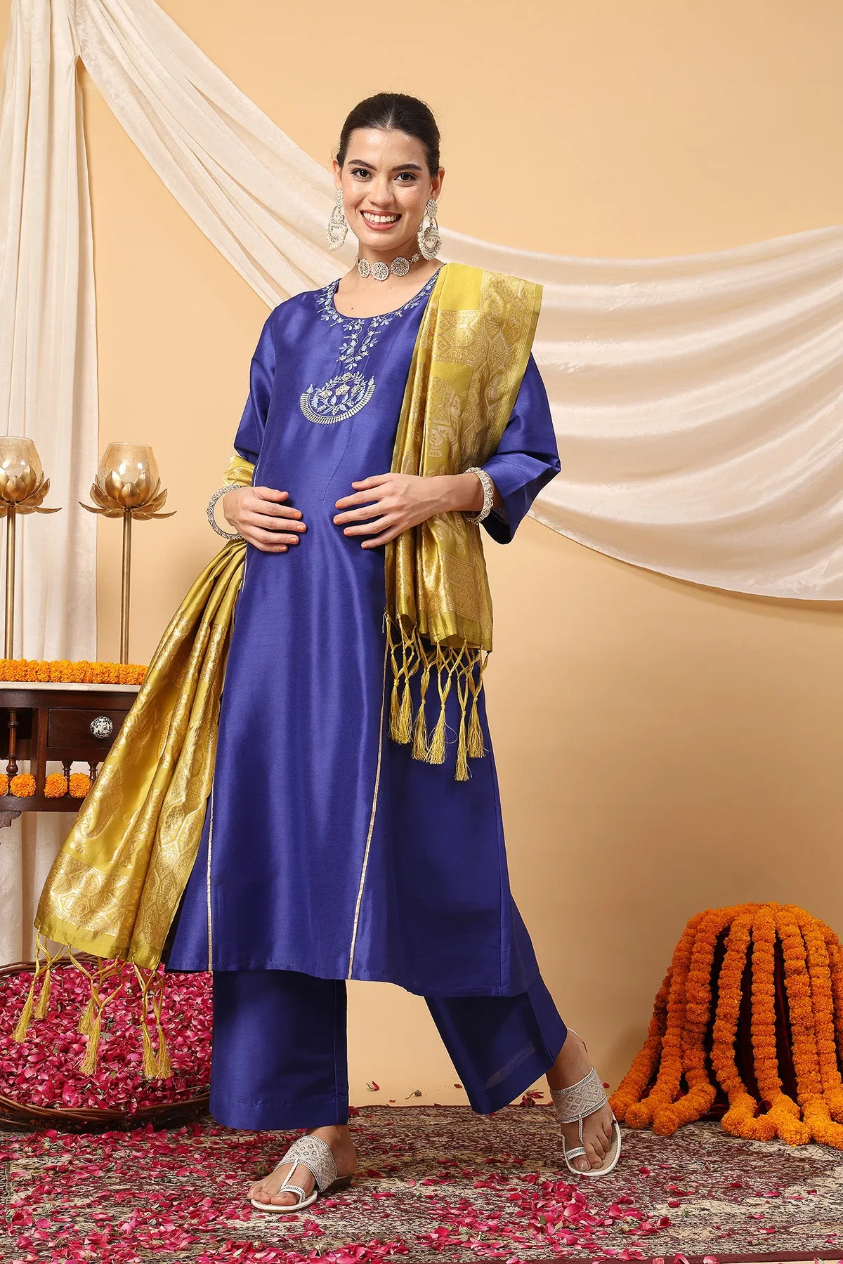 Majestic Blue Golden Splendor Maternity Feeding Kurta Set