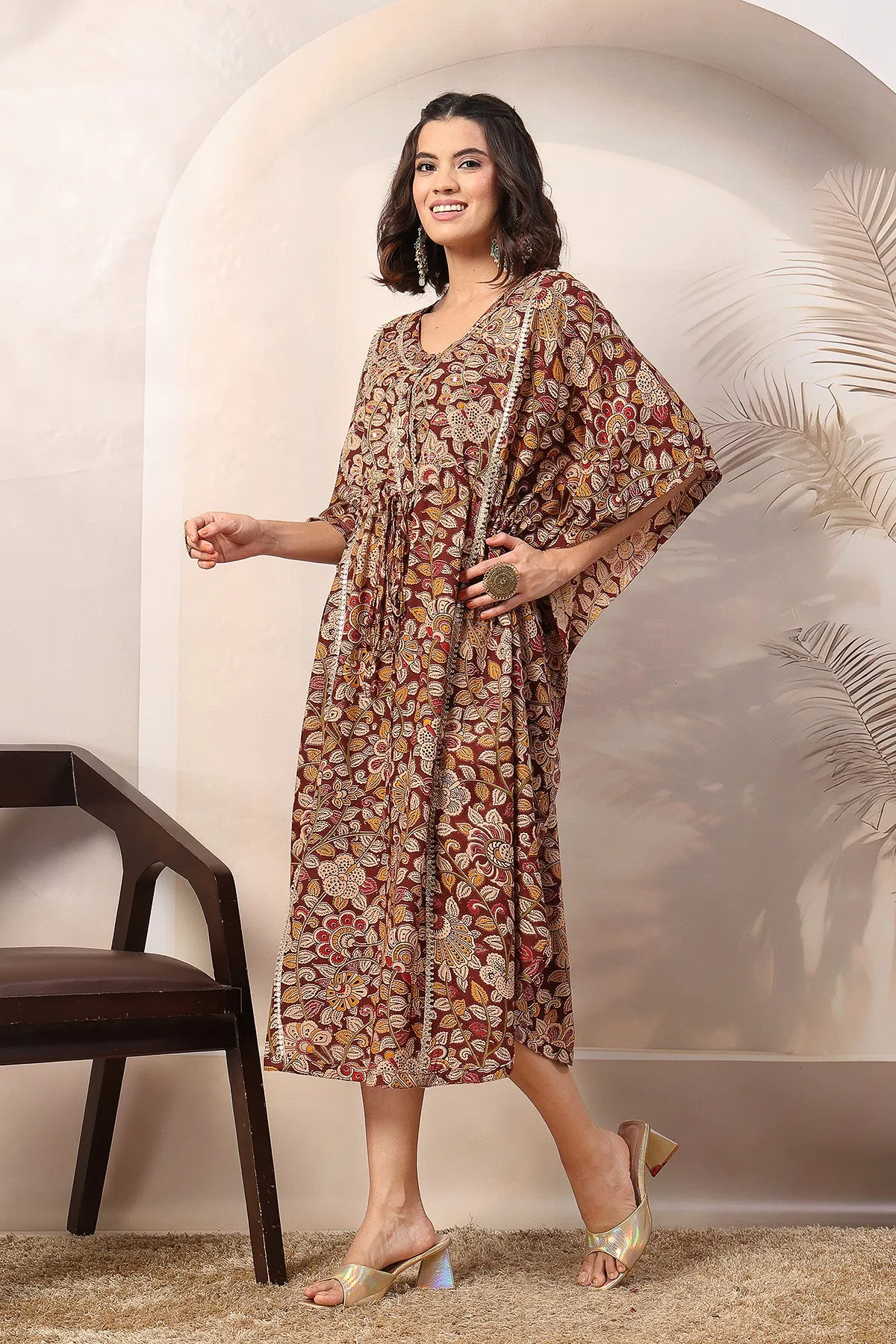 Maroon Enchanting Floral Zipless Feeding Maternity Kaftan